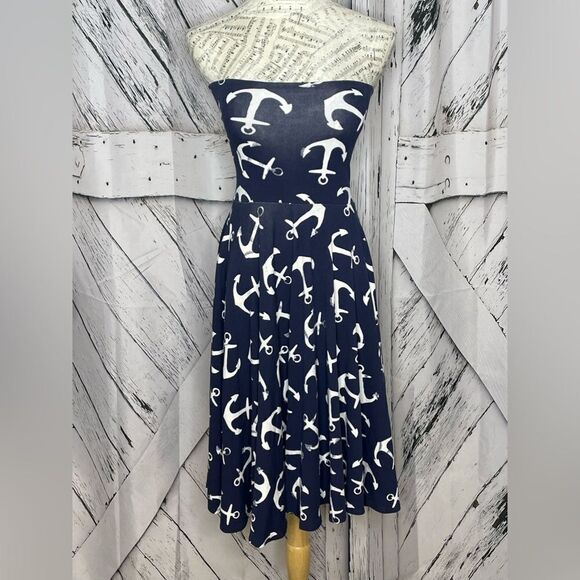 J. Crew Anchor Midi Skirt/Strapless Dress Navy Nautical White Stretch Size S - Picture 3 of 6